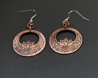 copper lotus earrings - dangle earrings - yoga inspired earrings - boho style