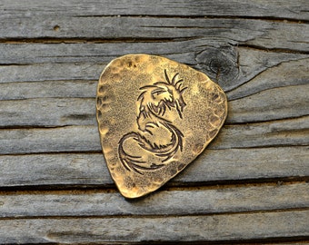 Bronze guitar pick - playable with dragon and hammered texture