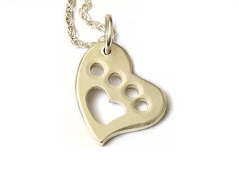 paw print charm - silver paw print - silver dog charm - silver cat charm - sterling heart charm - dainty pet charm - sterling chain