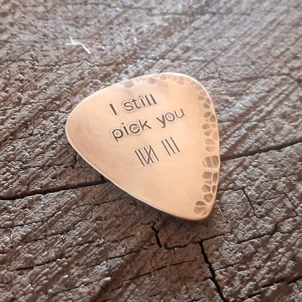 Bronze guitar pick with tally marks for 8th anniversary - bronze anniversary gift - Playable