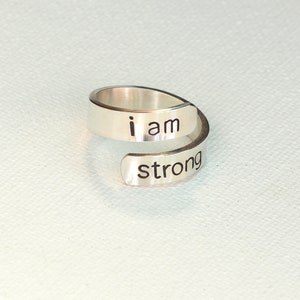 I am Strong Sterling Silver Wrap Ring 925 Inspirational and Empowering Bypass Ring image 1