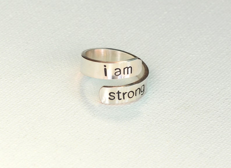 I am Strong Sterling Silver Wrap Ring 925 Inspirational and Empowering Bypass Ring image 1