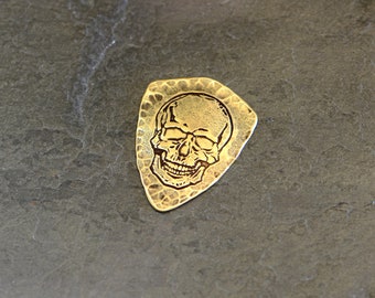 brass shield guitar pick with skull - hammered Halloween guitar pick - NicisPicks plectrum - collectible guitar pick