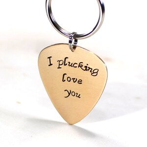 Bronze guitar pick keychain with I plucking love you KC458 image 3