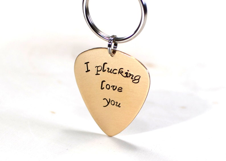 Bronze guitar pick keychain with I plucking love you KC458 image 3