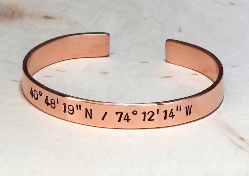 Copper latitude longitude cuff bracelet custom copper cuff back to school BR023 image 1