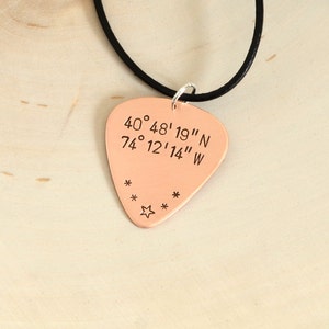 Latitude Longitude Personalized Coordinates Copper Guitar Pick Necklace GP173 image 4