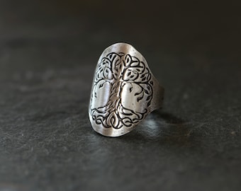 Sterling silver tree of life cigar band ring or saddle ring - wide silver ring