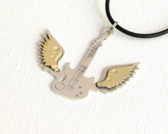 sterling guitar pendant with wings - brass wings - silver guitar - silver wings necklace - christmas gift - musician gift - WGN11201842