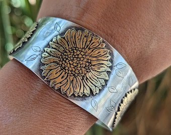 Sterling silver cuff bracelet with sunflower