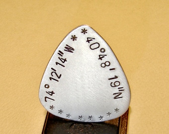 Latitude longitude guitar pick handmade in aluminum and personalized with your coordinates - GP216