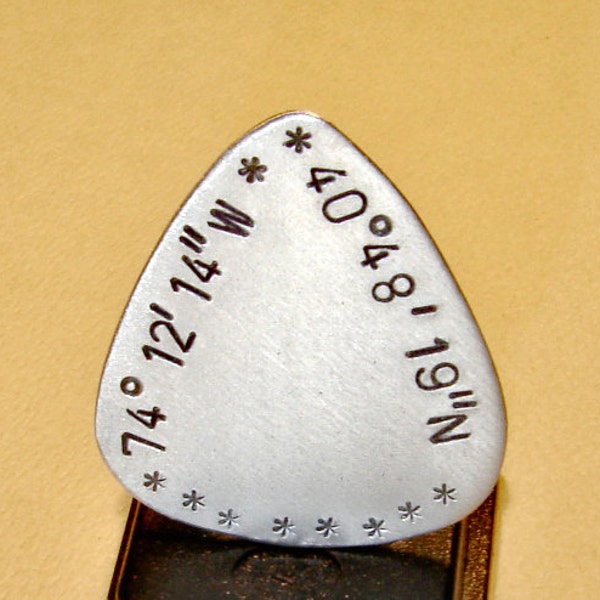 Latitude longitude guitar pick handmade in aluminum and personalized with your coordinates - GP216