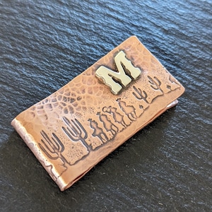 Copper money clip with cowboys Saguaro cacti and a sterling letter - Custom money clip