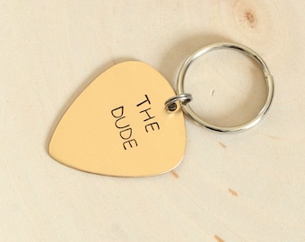 Personalized Bronze Guitar Pick Keychain Custom Stamped and Engraved - KC609