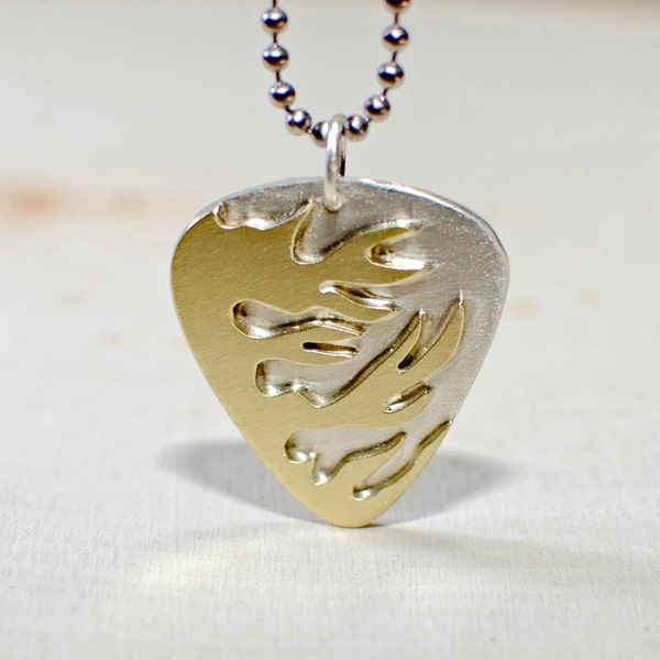 Sterling Silver Guitar Pick - Brass Flames, Playable Plectrum