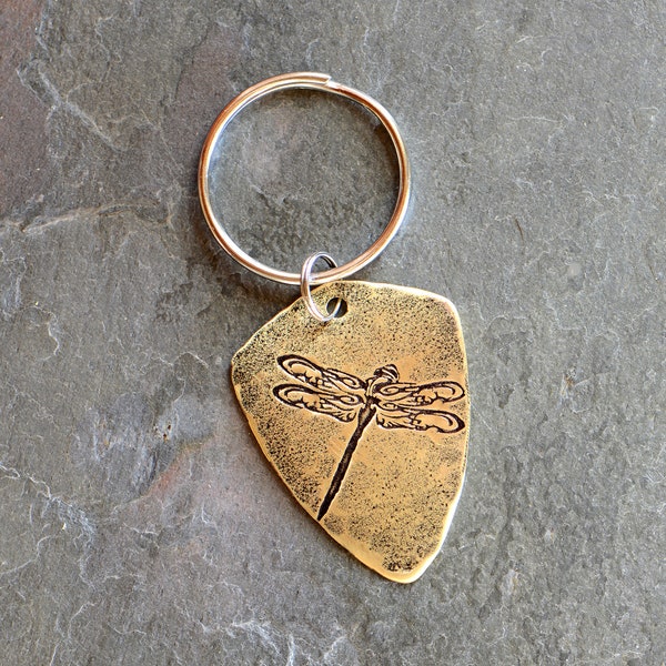 Brass shield dragonfly key chain with rustic finish