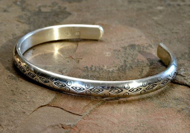 Half Round Sterling Silver Cuff Bracelet with Handmade Native | Etsy