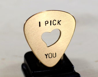 bronze guitar pick with heart cut out - playable for bronze anniversary - 8th anniversary - 19th anniversary
