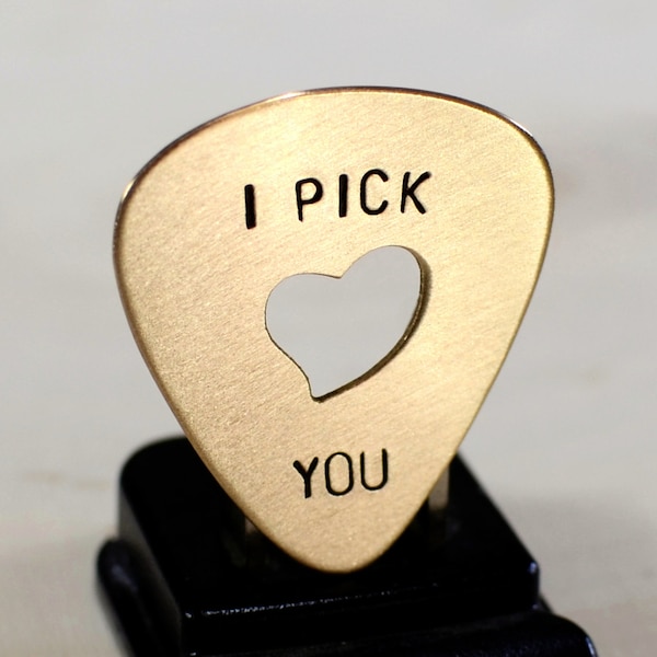 bronze guitar pick with heart cut out - playable for bronze anniversary - 8th anniversary - 19th anniversary