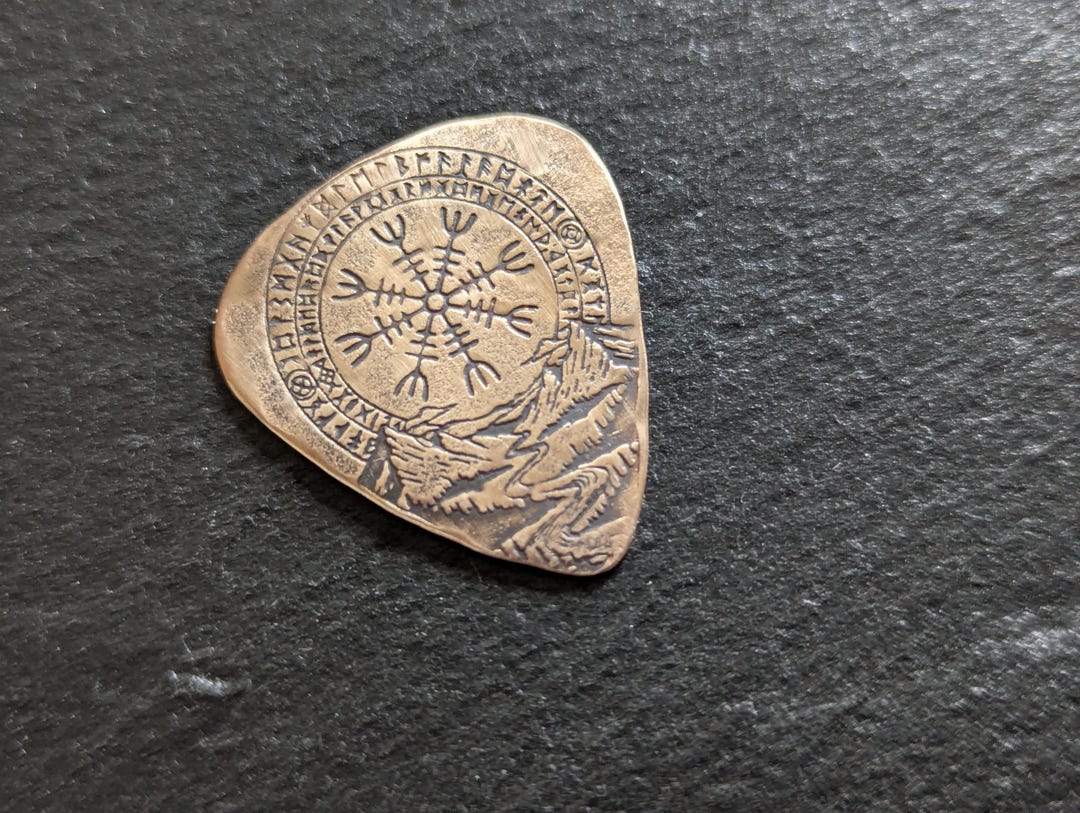 Bronze Guitar Pick With Vegvisir , Viking Compass and Runes - Etsy