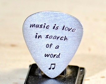 Music is Love in Search of a Word Aluminum Guitar Pick for Celebrating Love and 10th Anniversaries - GP872