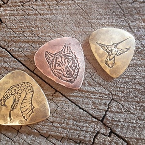 set of 3 metal guitar picks - 2 brass guitar picks one copper guitar pick - playable - artisan collection