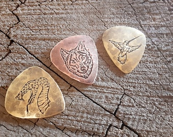 set of 3 metal guitar picks - 2 brass guitar picks one copper guitar pick - playable - artisan collection