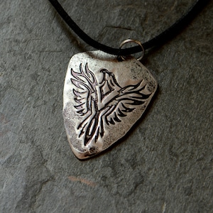 sterling silver shield pendant necklace with Phoenix rising - handmade - NiciArt