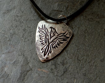 sterling silver shield pendant necklace with Phoenix rising - handmade - NiciArt