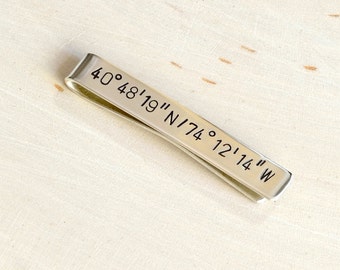 Sterling silver tie bar or tie clip for 25th anniversary or silver anniversary - customized with your coordinates