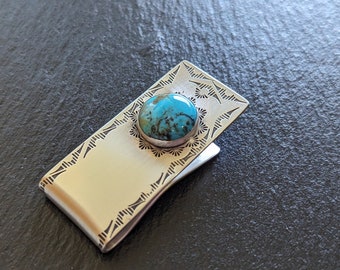 Sterling silver money clip with hand stamped pattern and a 16mm genuine Turquoise from the Kingman mine