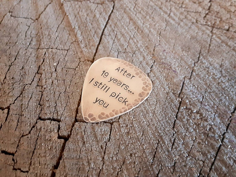 distressed Bronze guitar pick for 8th or 19th anniversary playable anniversary gift christmas gift image 2