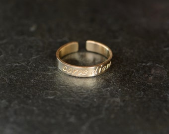 14k gold toe ring with carpe diem - dainty toe ring - midi ring or pinky ring