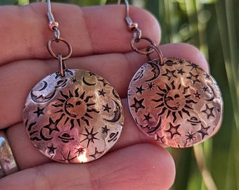 Copper dangle earrings with sun moon and stars - hammered disc earrings