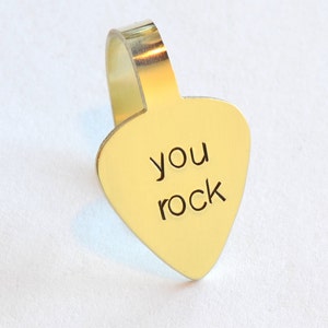 Thumb Pick Handstamped with You Rock in Brass – Finger Style Guitar Picks - TP1200