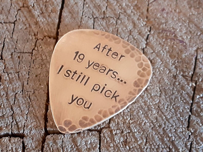 distressed Bronze guitar pick for 8th or 19th anniversary playable anniversary gift christmas gift image 1