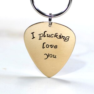 Bronze guitar pick keychain with I plucking love you KC458 image 4