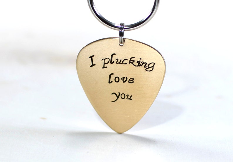 Bronze guitar pick keychain with I plucking love you KC458 image 4