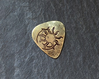 brass guitar pick with sun and moon - playable - NicisPicks