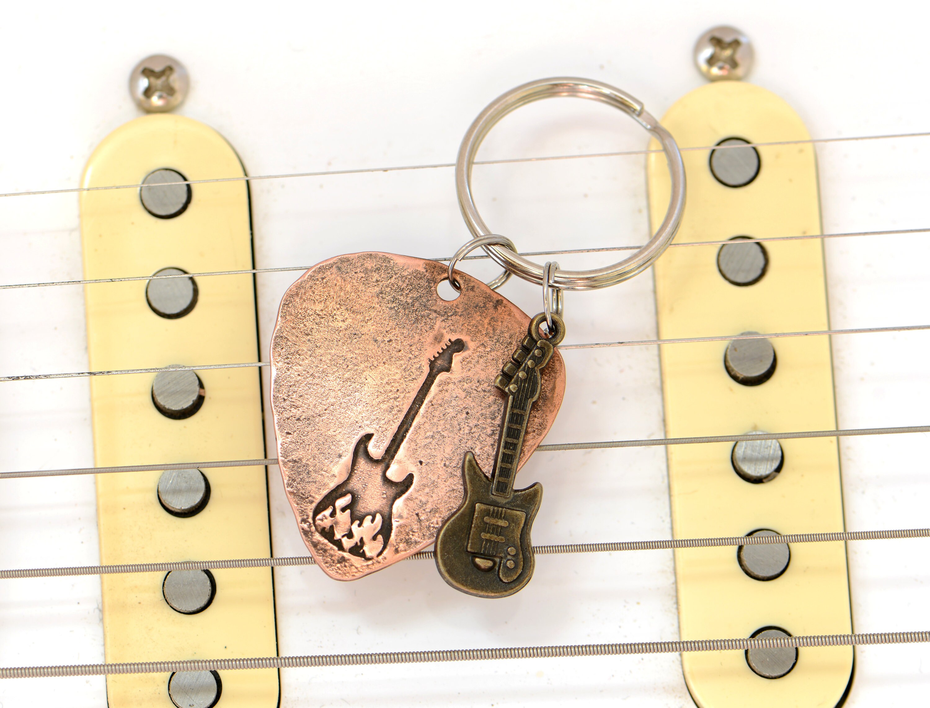 Flaming Guitar Guitar Pick Keychain for a Fiery Guitarist Who