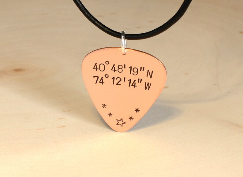 Latitude Longitude Personalized Coordinates Copper Guitar Pick Necklace GP173 image 5