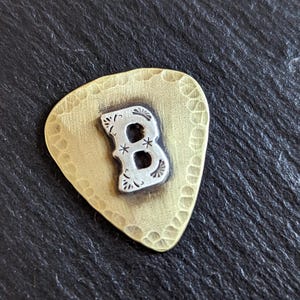 Brass guitar pick with a sterling silver monogram letter - choose your style and metal
