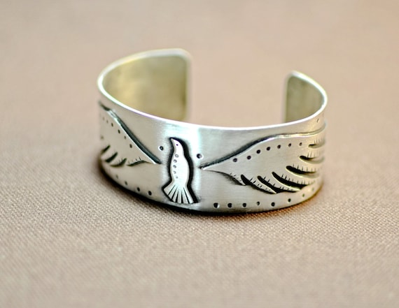 Bracciale Rigido In Argento Sterling 925 Donna - Polsino Vintage Con Uccello E Fiori Intagliati - Regolabile