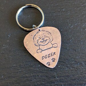 Peut inclure: Un porte-clés argenté avec un pendentif en forme de médiator de guitare en cuivre. Le médiator représente un chien de dessin animé avec le nom "DOZER" gravé dessus.