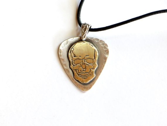 Sterling Silver Guitar Pick Pendant With Brass Skull - Pick is