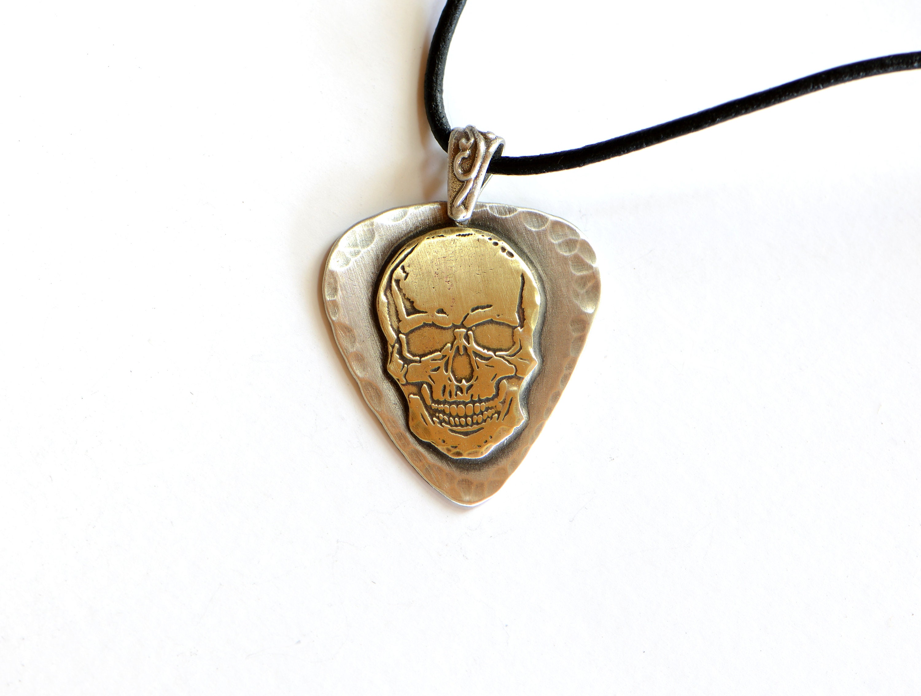 Sterling Silver Guitar Pick Pendant With Brass Skull - Pick is
