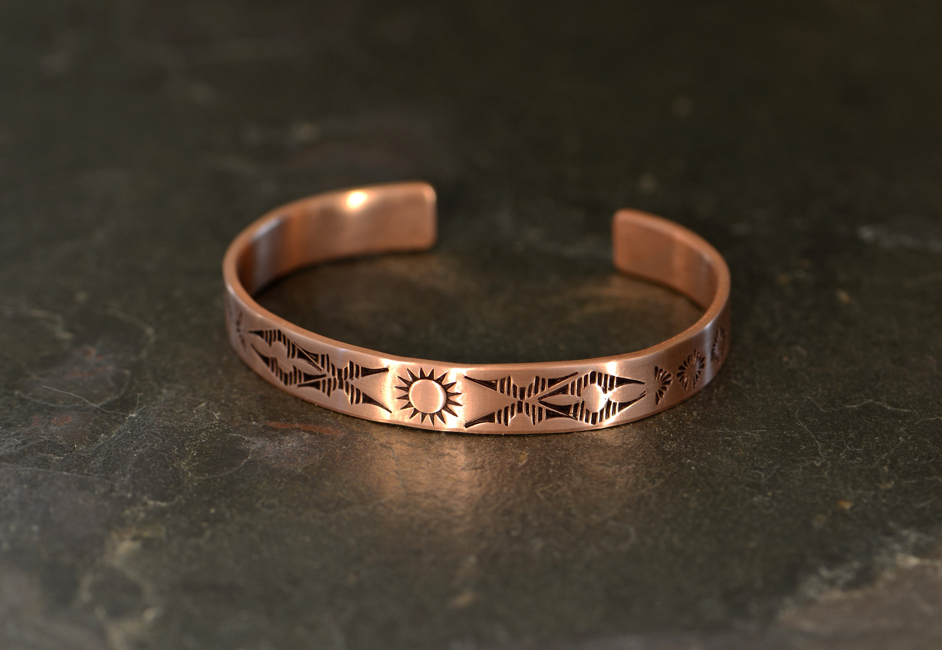 Southwestern Boho Copper Color Cuff Bracelet Hidden Watch Working New Battery Western Hand-Engraved Copper Scrollwork Bracelet, Cuff Style  main image 3