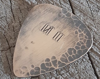 Bronze guitar pick - distressed and rustic with tally mark -- anniversary pick