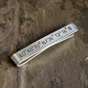 Custom silver tie clip with your custom coordinates of your special place - great anniversary or wedding gift - graduation and more