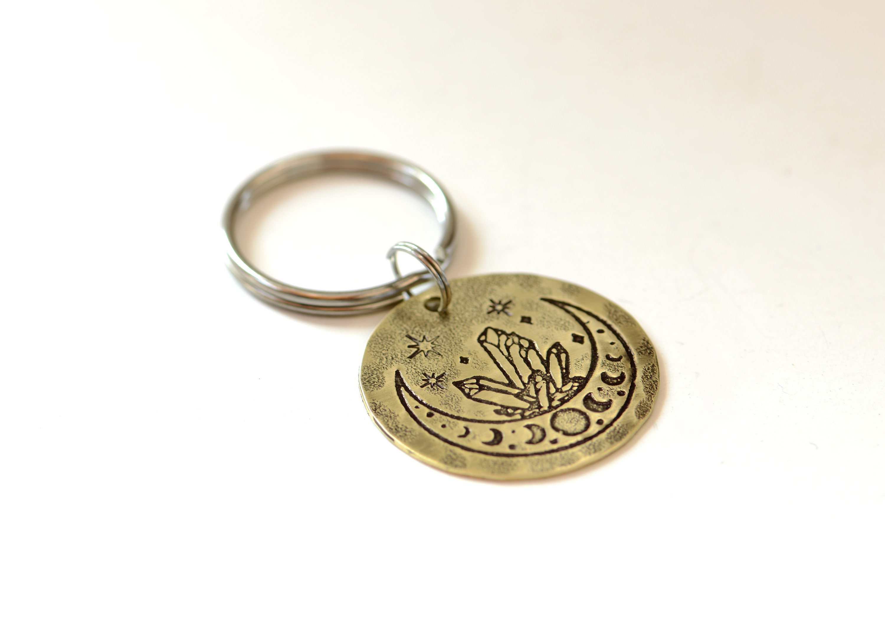 Brass Disc Key Ring With Half Moon - Moon Phases and Crystals on